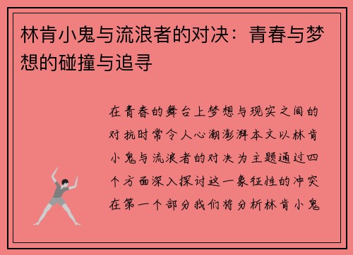 林肯小鬼与流浪者的对决：青春与梦想的碰撞与追寻